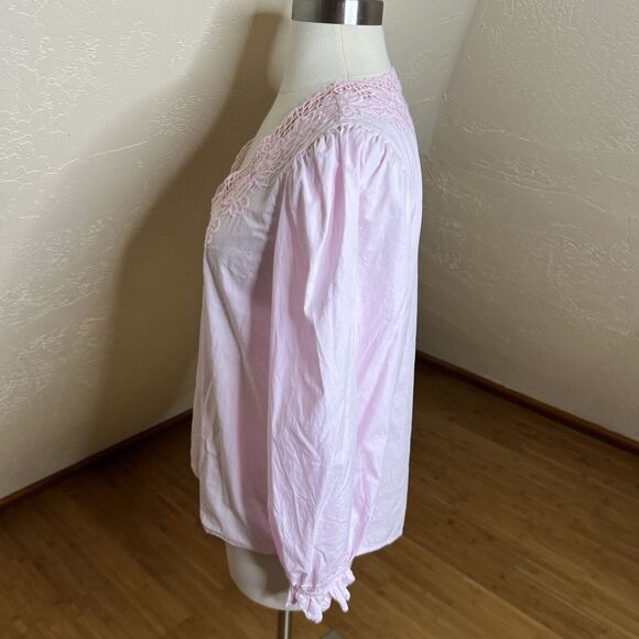 J Crew Top Womens Small Pink V Neck Eyelet Trim Cotton Long Sleeve Preppy - Picture 6 of 9